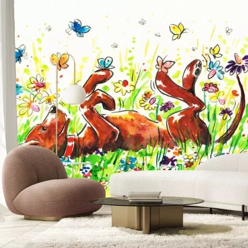 Sticker Hond in de wei met vlinders en bloemen