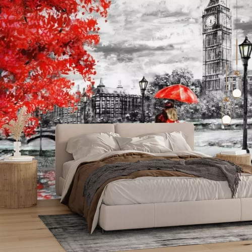 Fotobehang Een romantische wandeling door Londen met een rode paraplu