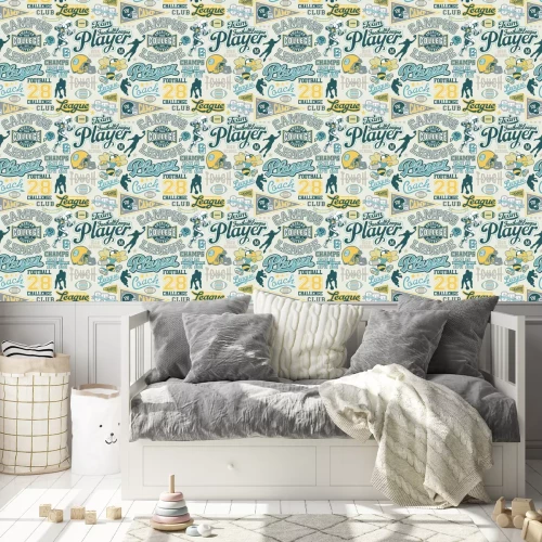 Behang sportbadges in vintage stijl