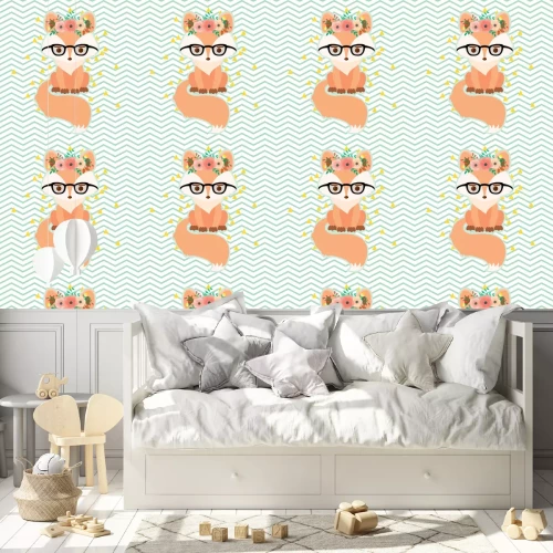 Behang Vos met bril en bloemenslinger op het hoofd