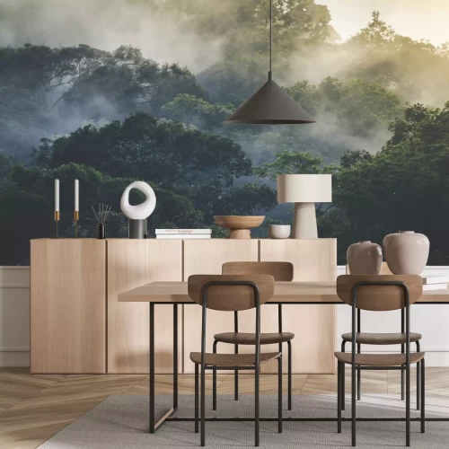 Fotobehang Tropisch regenwoudlandschap in de mist