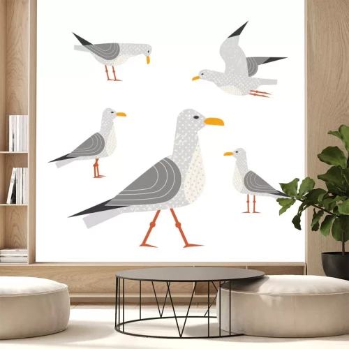 Sticker Seagull icon set. Freehand cartoon schattige stijl. Vliegende vogel logo. Seabird marine symbool geïsoleerd. Gestileerde nautische dier embleem. Element voor banner achtergrond. Vector ontwerp van rec