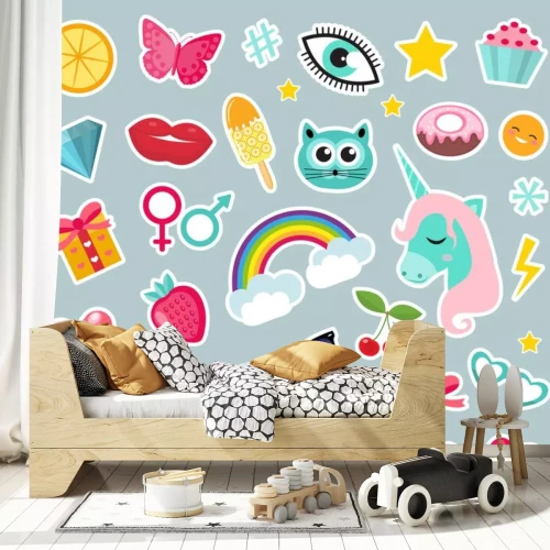 Sticker Een verzameling eenvoudige kleurrijke vrolijke afbeeldingen