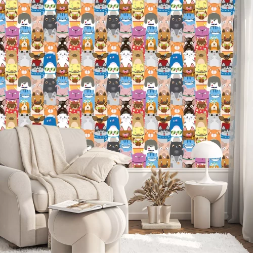 Behang Cartoon honden en katten op gekleurde achtergrond