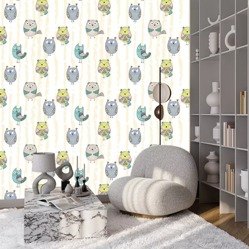 Behang Glimlachende kleurrijke uilen