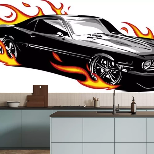Sticker Zwarte elegante auto omringd door vlammen
