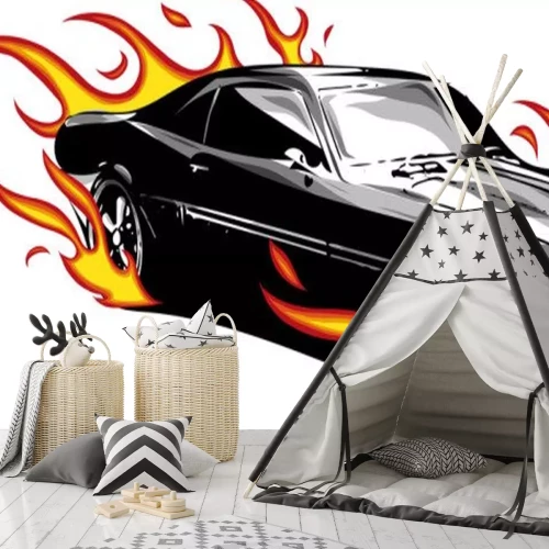 Sticker Zwarte elegante auto omringd door vlammen