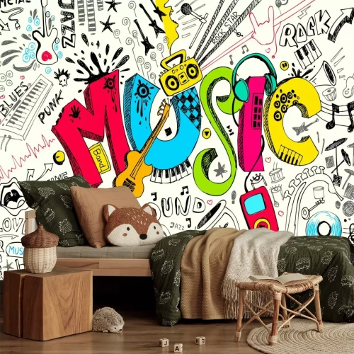 Fotobehang Komisch muziekpatroon met noten en instrumenten