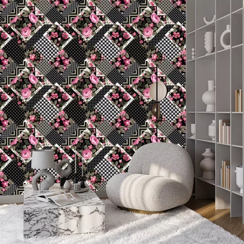Behang naadloze bloemen patchwork patroon met roze rozen en geometrische