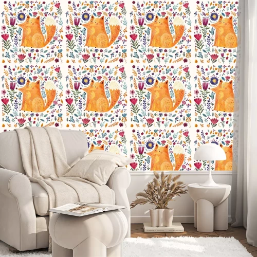 Behang Geschilderde vos tussen kleurrijke bloemen