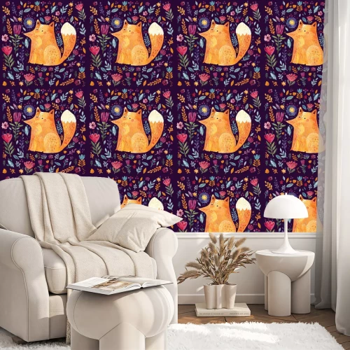 Behang Vos tussen bloemen op een donkere achtergrond