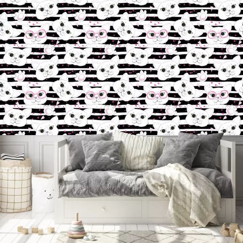 Behang Witte katten met roze bril