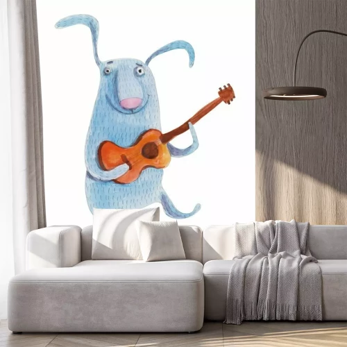 Sticker Bunny met gitaar. Illustratie van de waterverf. Handtekening