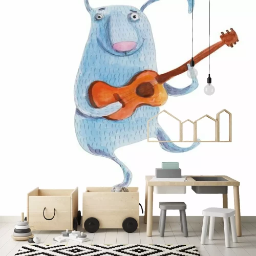 Sticker Bunny met gitaar. Illustratie van de waterverf. Handtekening
