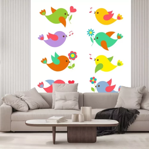 Sticker Kleurrijke Lente vogels met bloemen