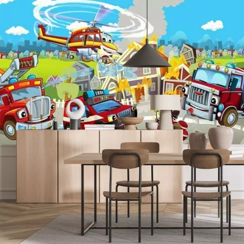 Fotobehang Brandweervoertuigen in een tekenfilm