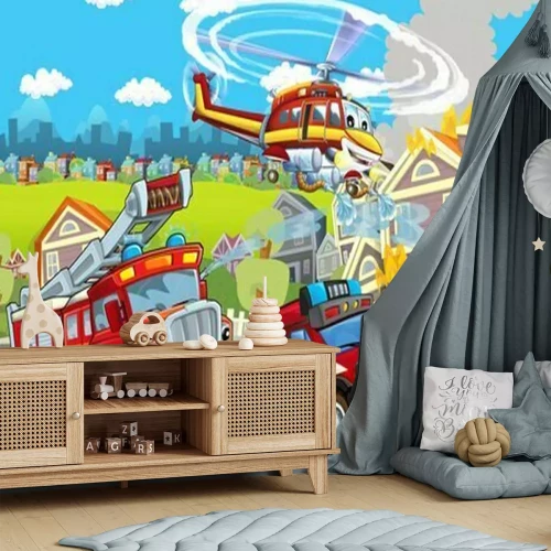 Fotobehang Brandweervoertuigen in een tekenfilm