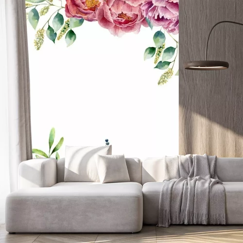 Fotobehang Een boeket aquarelbloemen bovenaan en onderaan de compositie