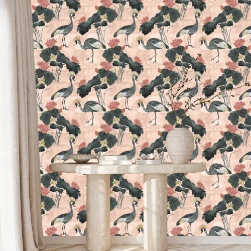 Behang Zwarte kraanvogels en bloemen op een roze achtergrond