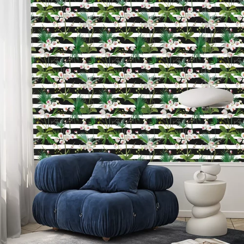 Behang Tropische palmbladeren en Orchideebloemen Achtergrond. naadloos Patroon