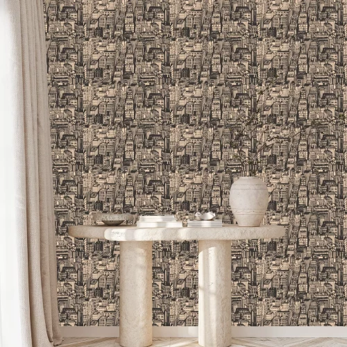 Behang Vintage design krantenpapier hand getrokken naadloze patroon met grote stad. Vector illustratie met NYC architectuur, wolkenkrabbers, megapolis, gebouwen, de stad.