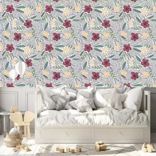 Behang Vector bloemmotief in doodle stijl met bloemen en bladeren.