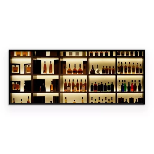 Poster Verschillende alcohol flessen in een bar, rug licht, logo's verwijderd