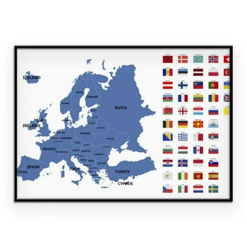 Poster Politieke kaart van Europa en landvlaggen