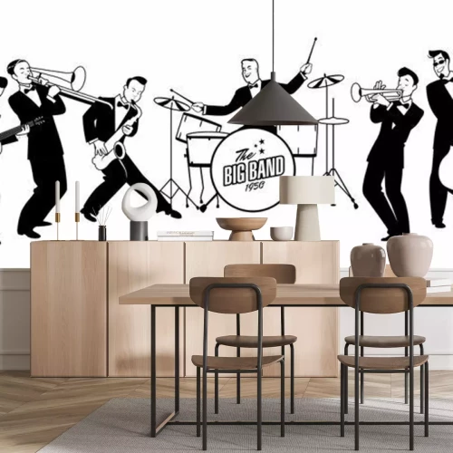 Sticker Jazz Swing Orchestra. Retro stijl. Cartoon vector illustratie. 50's of 60's stijl muzikanten