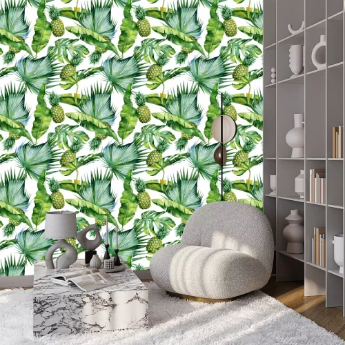 Behang Tropische fruitananas en exotische bladeren