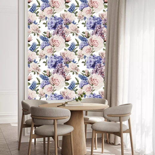 Behang Witte strepen en blauwe hortensiabloemen