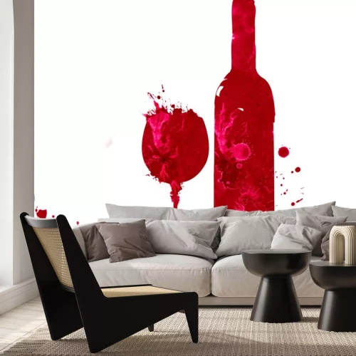 Sticker Fles en een glas wijn in aquarel techniek die op een witte achtergrond