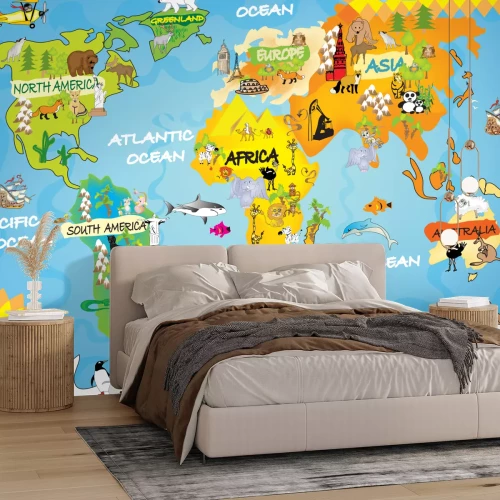Fotobehang Kinderkaart van de wereld en dieren