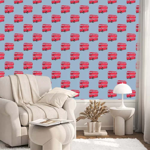 Behang Naadloos patroon met Londen rode bus. Dubbeldekker rode bus vector illustratie. Stad het openbaar vervoer. Retro-bus op een blauwe achtergrond