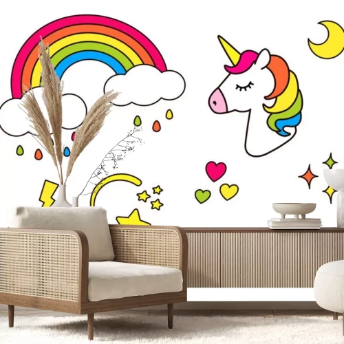 Sticker Regenboog grafische eenhoorn toverstaf vallende ster