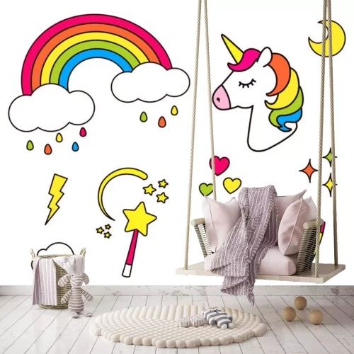 Sticker Regenboog grafische eenhoorn toverstaf vallende ster