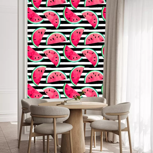 Behang Watermeloenhelften op zwarte strepen