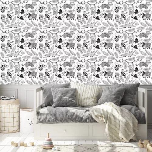 Behang Monochroom tropische dieren en planten