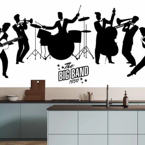Sticker Jazz Swing Orchestra. Silhouetten vector illustratie. 50's of 60's stijl muzikanten