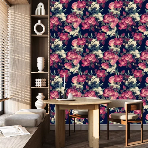 Behang Violette rozen en witte bloemen tekenen