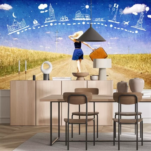 Sticker Eenzaam meisje met koffer bij landweg dromen over reizen.