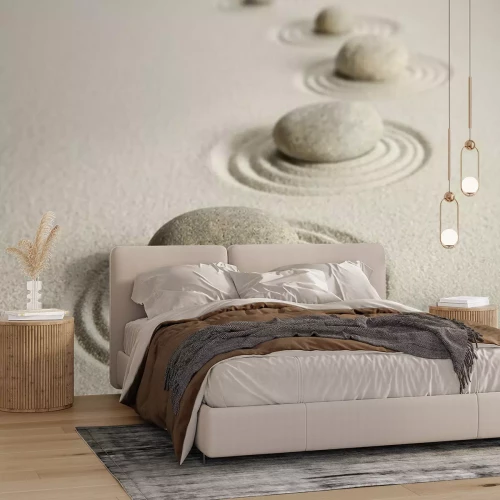 Fotobehang Watergepolijste stenen op zandcirkels