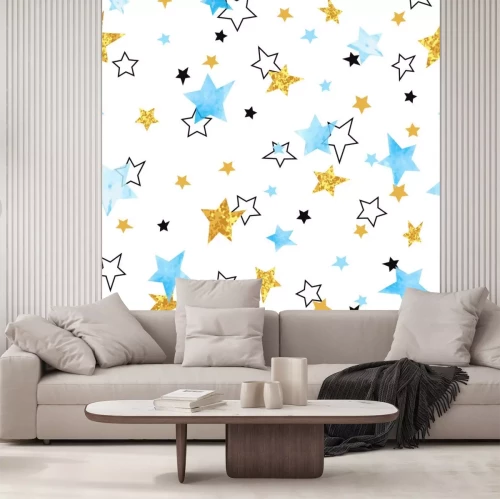 Sticker Naadloos patroon van sterren. Vector achtergrond met waterverf blauwe en glinsterende gouden sterren.