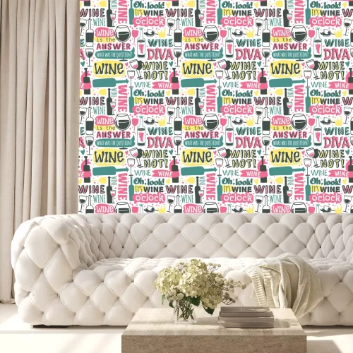 Behang Flessen en glazen wijn naadloos patroon tekst vector illustratie.