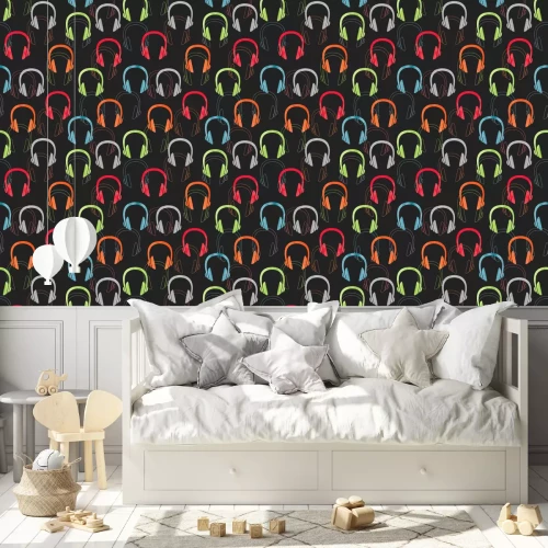 Behang Kleurrijke hoofdtelefoon naadloos patroon. Vector achtergrond muziek met een koptelefoon.