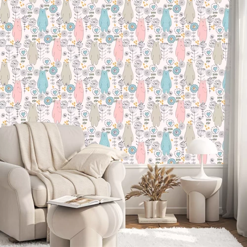 Behang Vector naadloos patroon met beer en bloemen