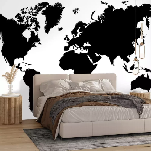 Fotobehang Zwarte wereldkaart op een witte achtergrond