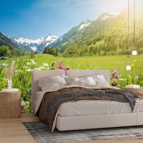 Fotobehang Veldbloemen met bergen op de achtergrond