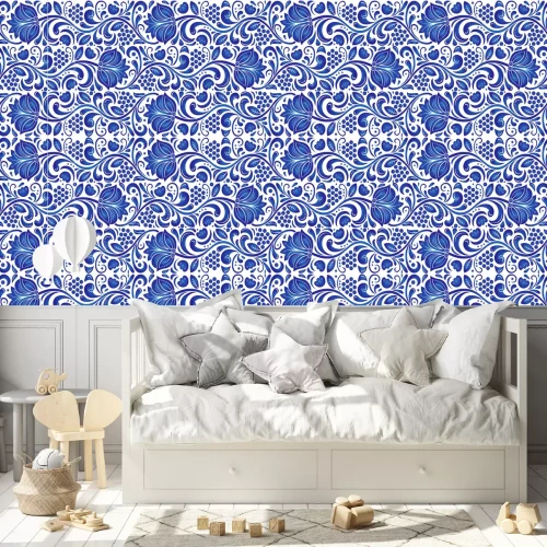 Behang Traditionele Russische vector naadloze patroon in gzhel stijl. Kan gebruikt worden voor banner, kaart, poster, uitnodiging, label, etc.