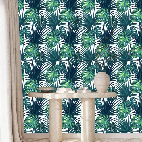 Behang Witte achtergrond met tropische planten